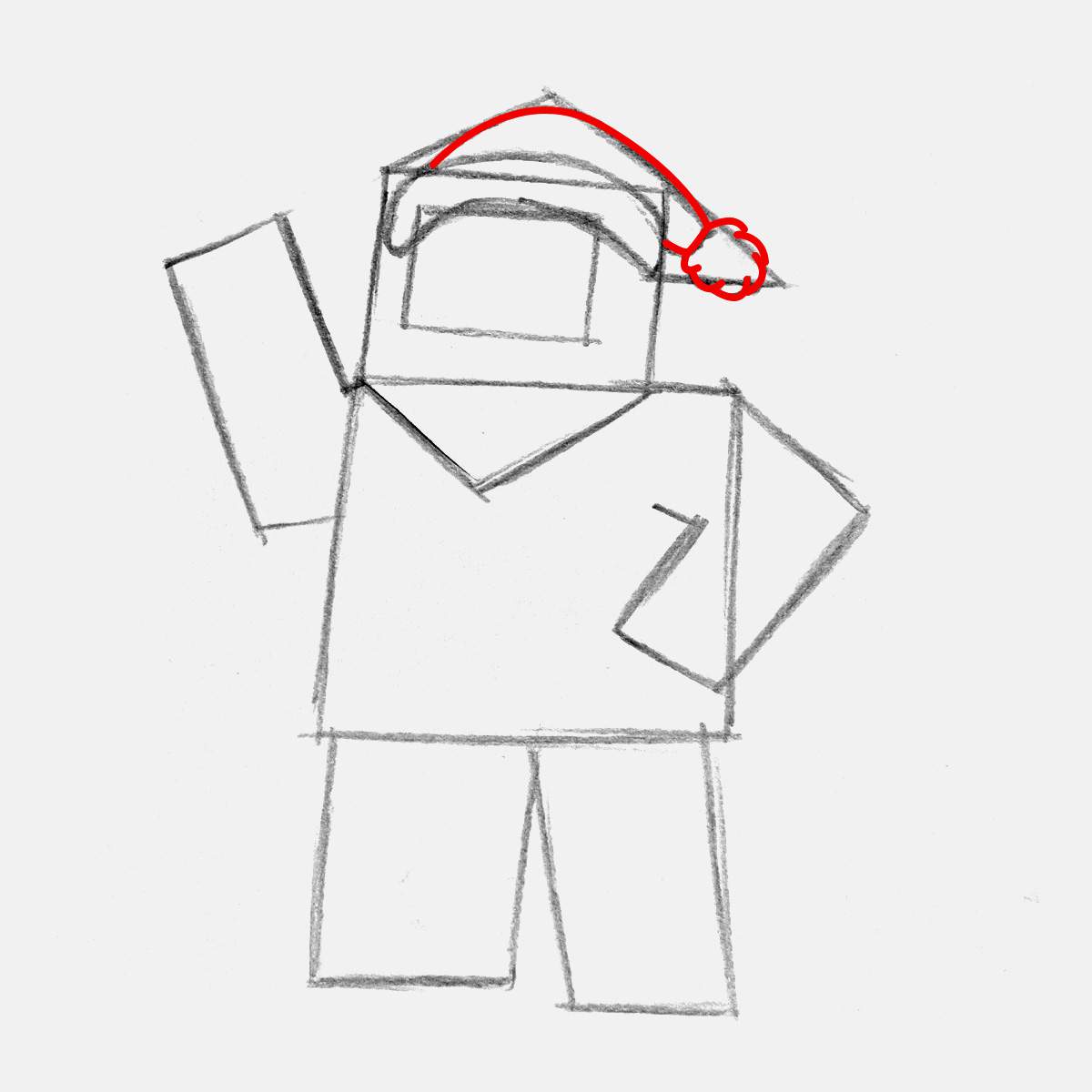 Sketch the shape of santa's christmas hat and add the fluffy pom pom to the end.