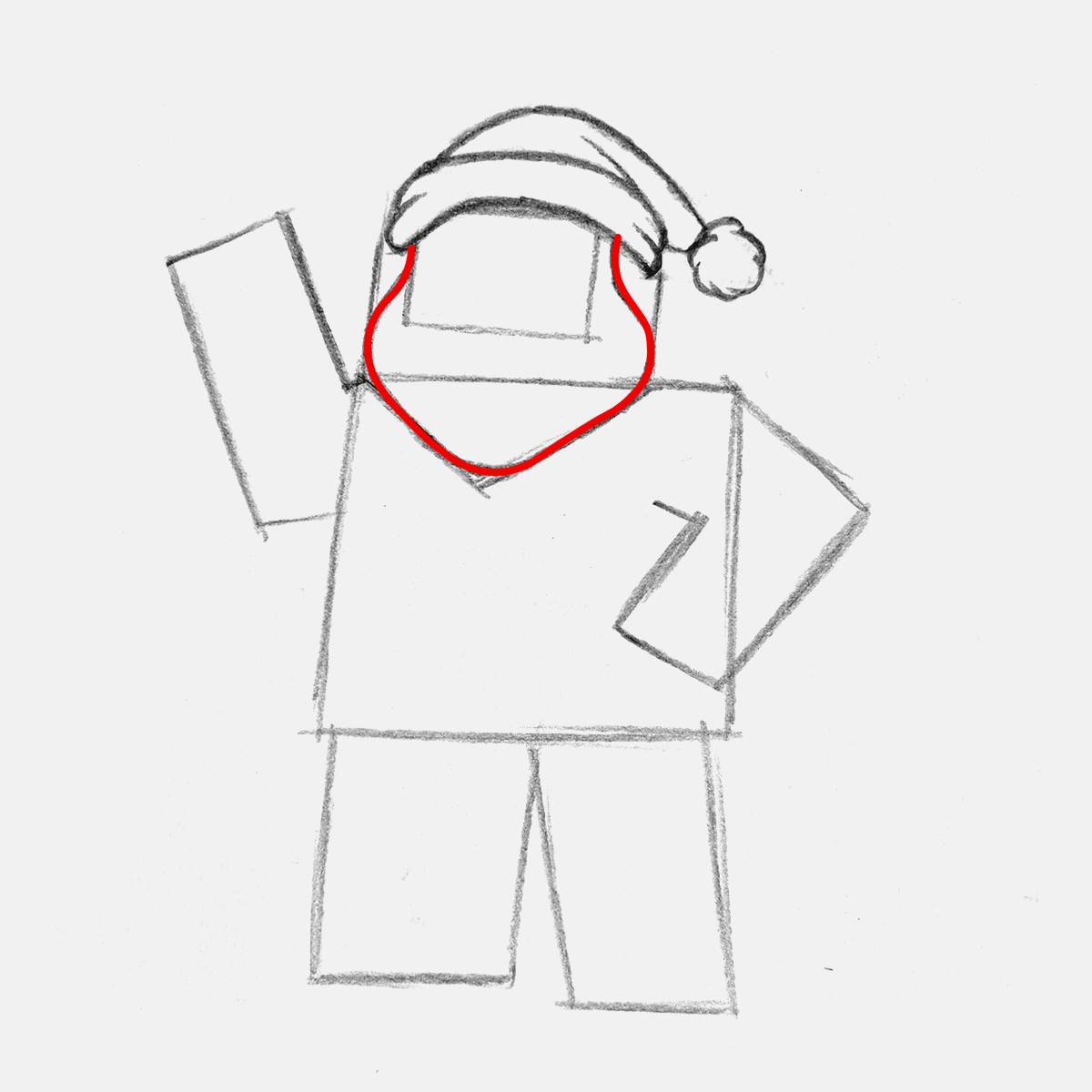 Sketch santa's beard while using the guiding lines as a guide.