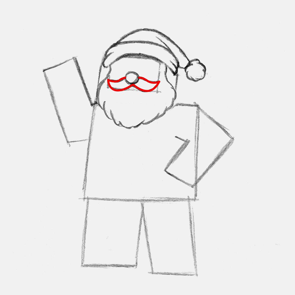 Add santa's iconic moustache below his nose.