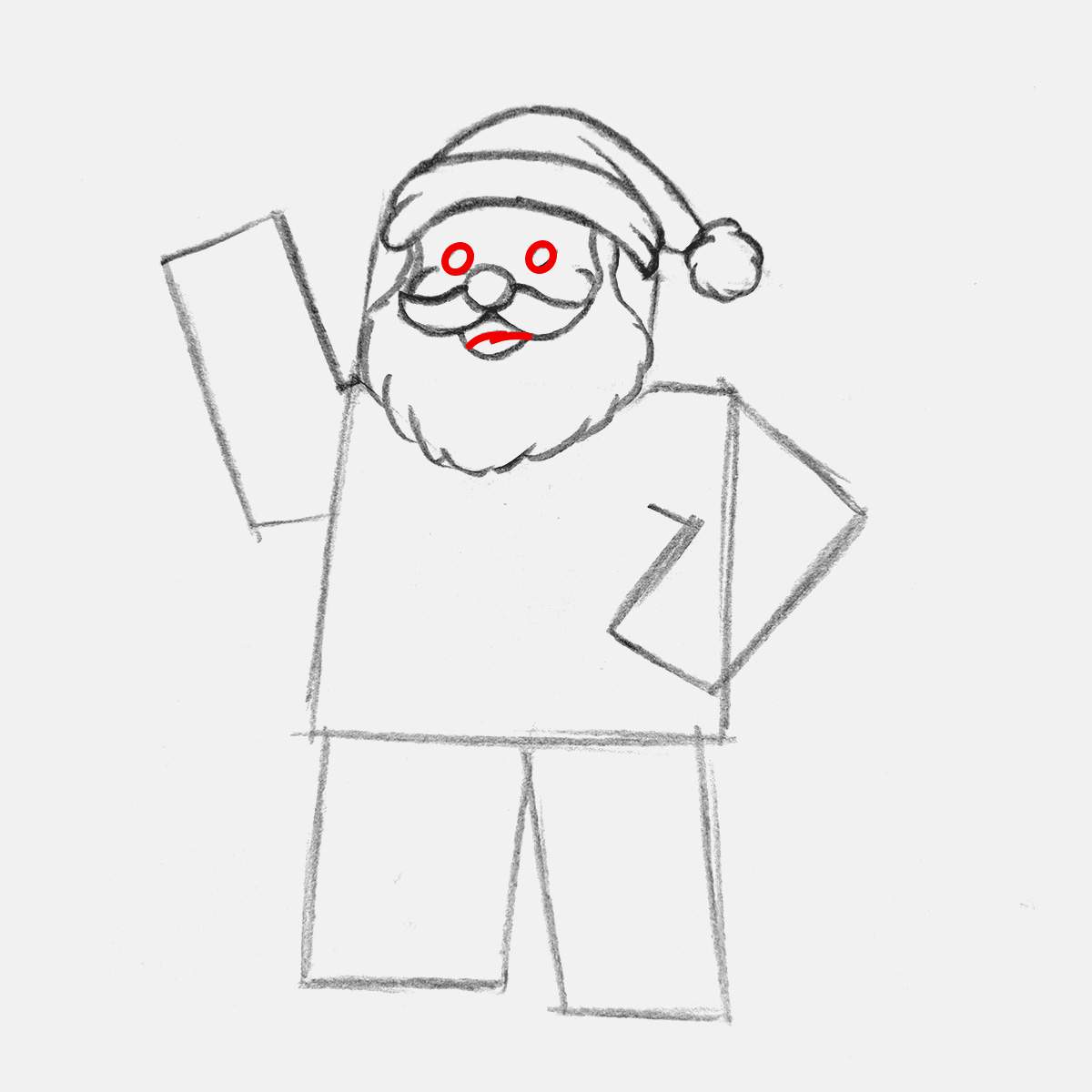 Sketch santa's tongue in his mouth and add two small round eyes.