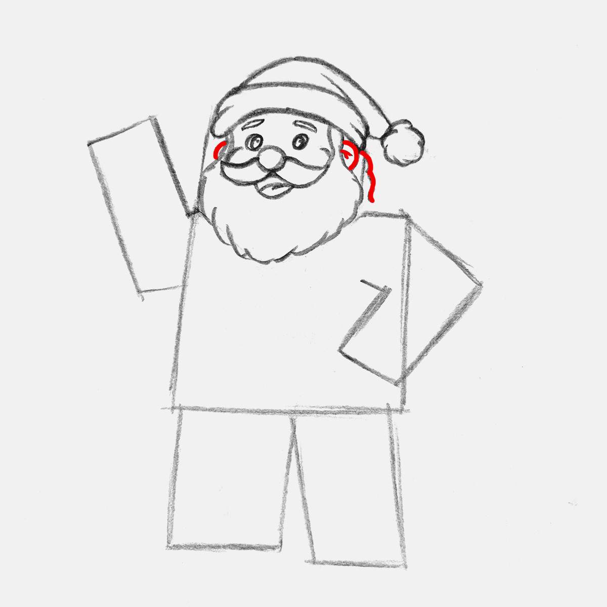 Add small round ears on each side of santa's head, mostly covered up by hair, and add the hair on the back of santa's head.
