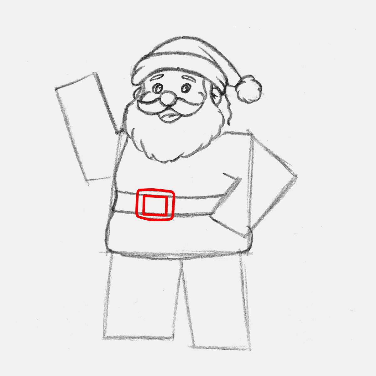 Add the big square belt buckle on the belt.