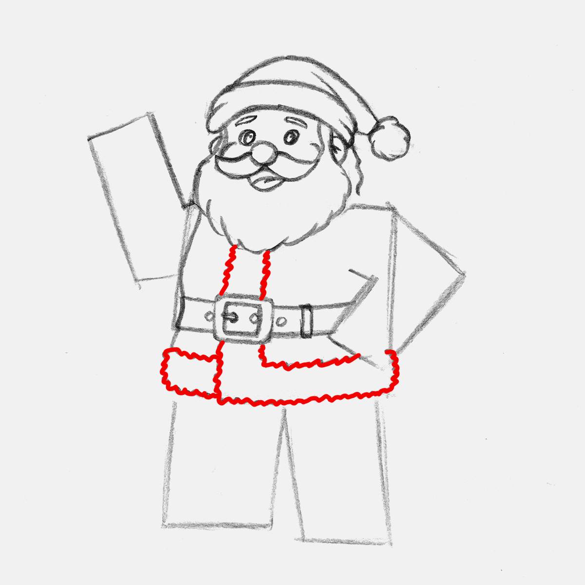 Add a fluffy fur trim all around the edges of santa's coat.