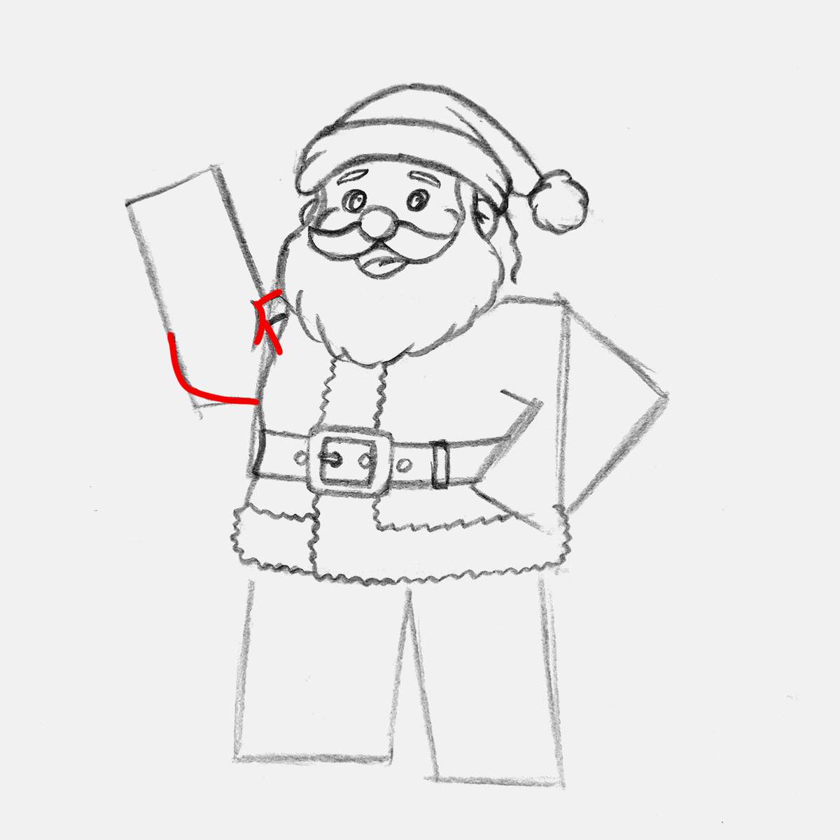 Sketch the upper right arm of santa claus and add some crease lines