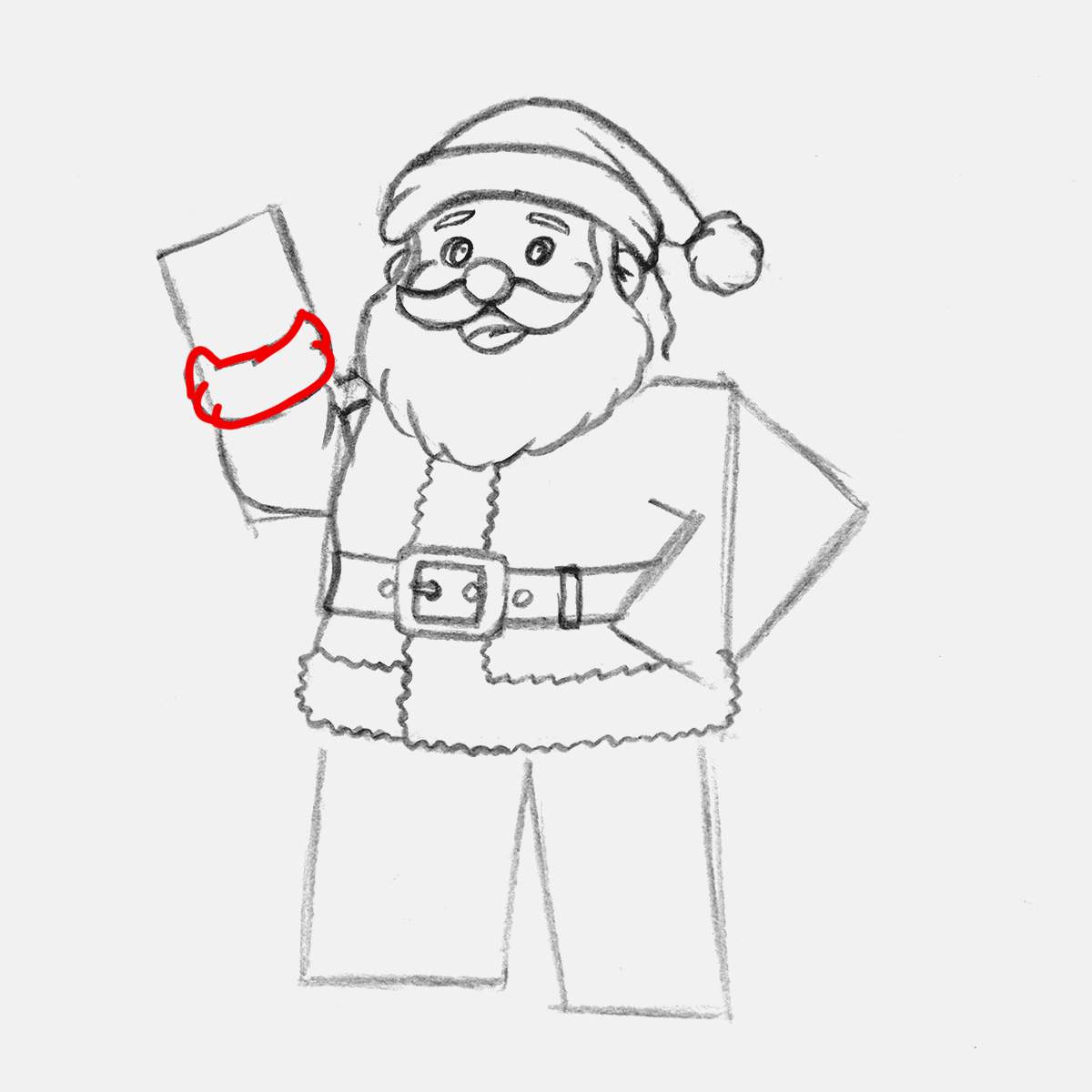 Add the fur trim on santa's right sleeve.