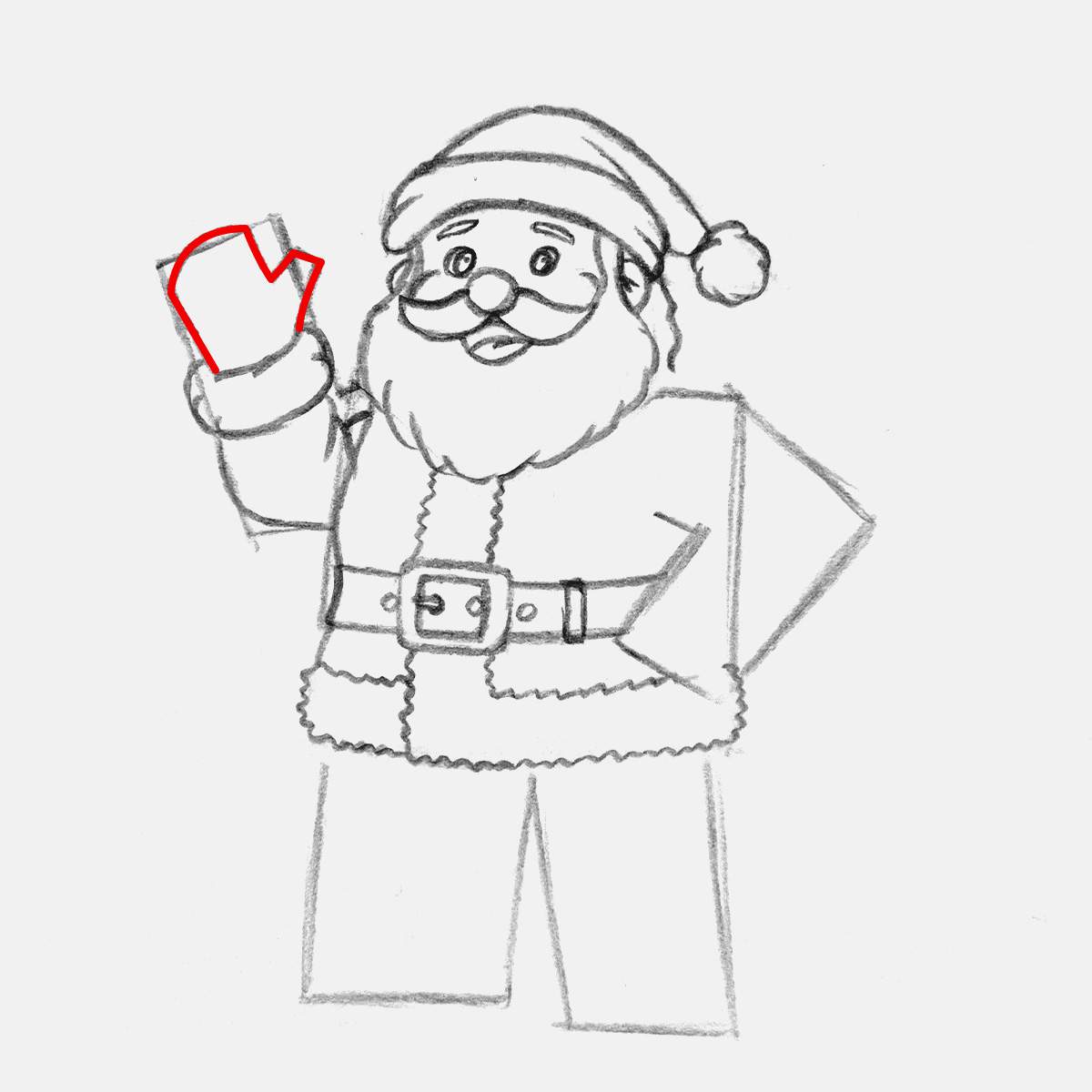 Draw a mitten on santa's right hand which will guide us for where the fingers go.