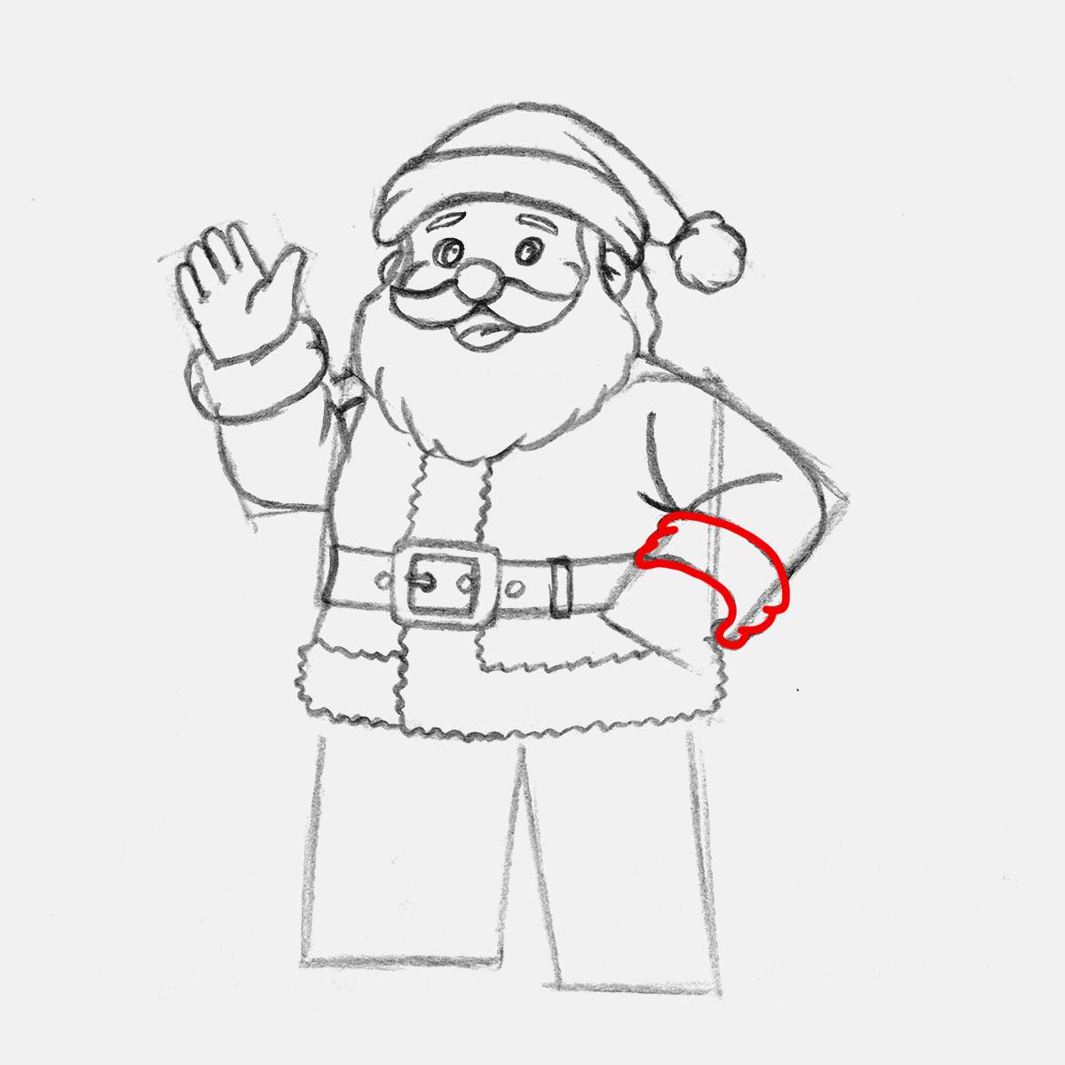 Add a fur trim on the edge of santa's left sleeve.