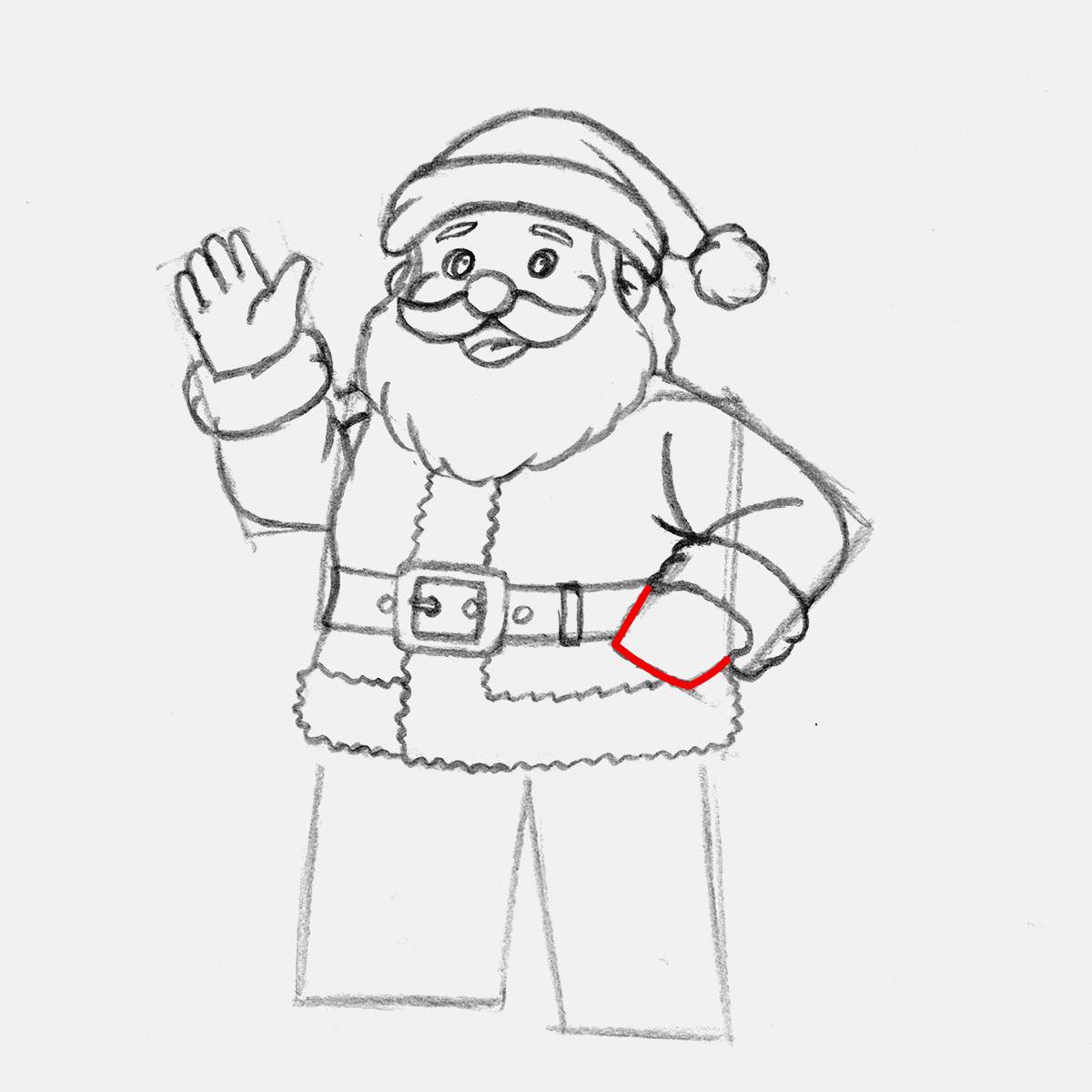 Sketch a box shape to guide us for sketching santa's left hand.