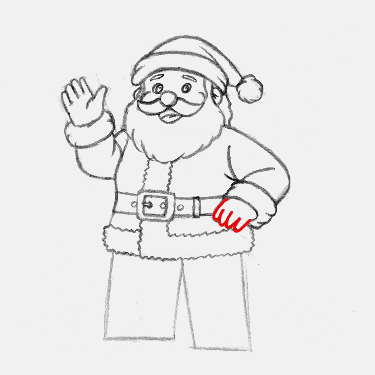 Use the box shape as a guide to draw 4 fingers on santa's hand. His thumb is not visible.