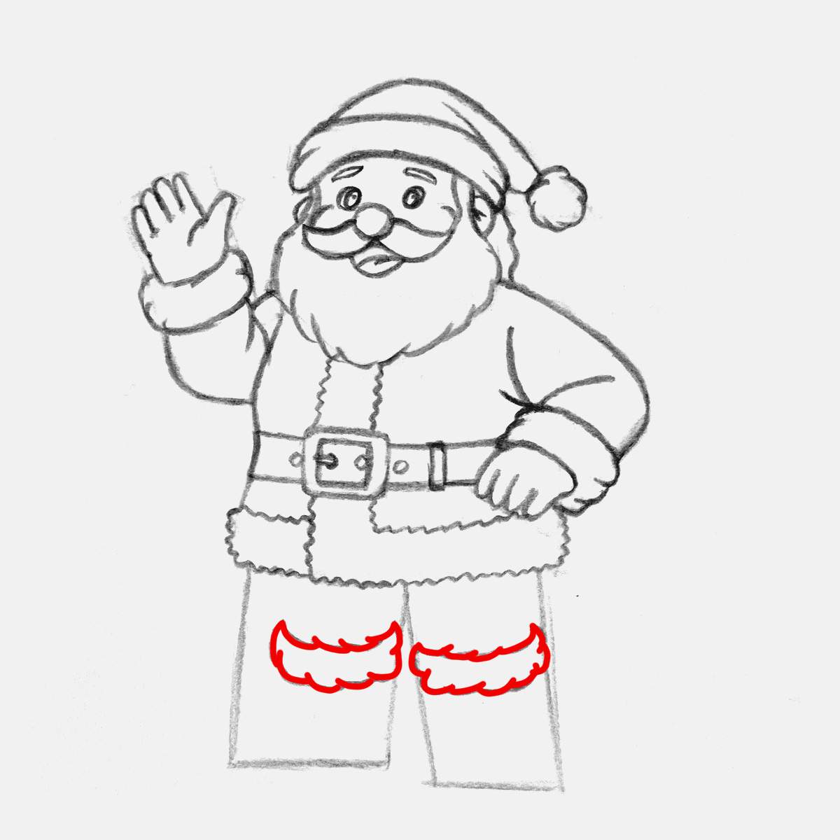 Sketch the fur trims around the bottom egde of santa's pants. Use overlapping curved lines to make them look fluffy.
