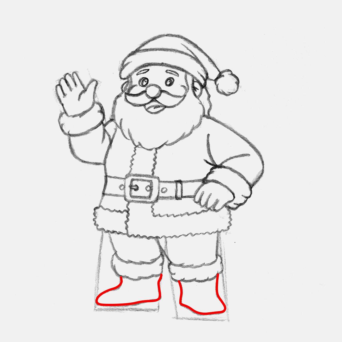 Sketch the basic shape of santa's boots. His right foot is more pointed outwards and his left foot points towards us.