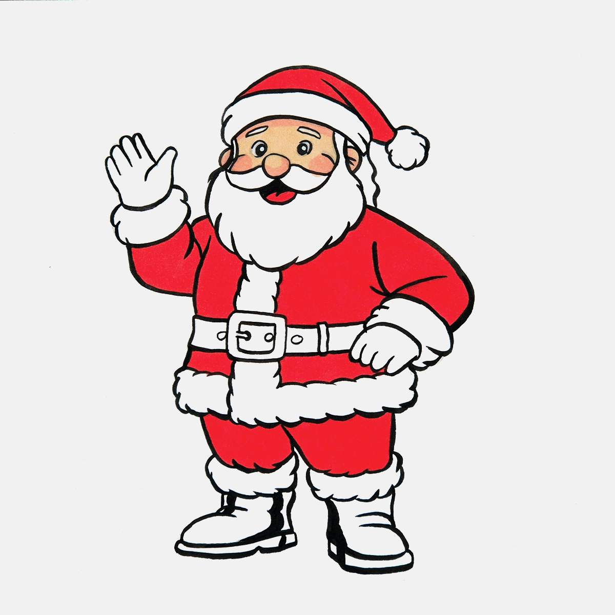 Use a bright red to color all red parts of santa's coat, pants, and hat.