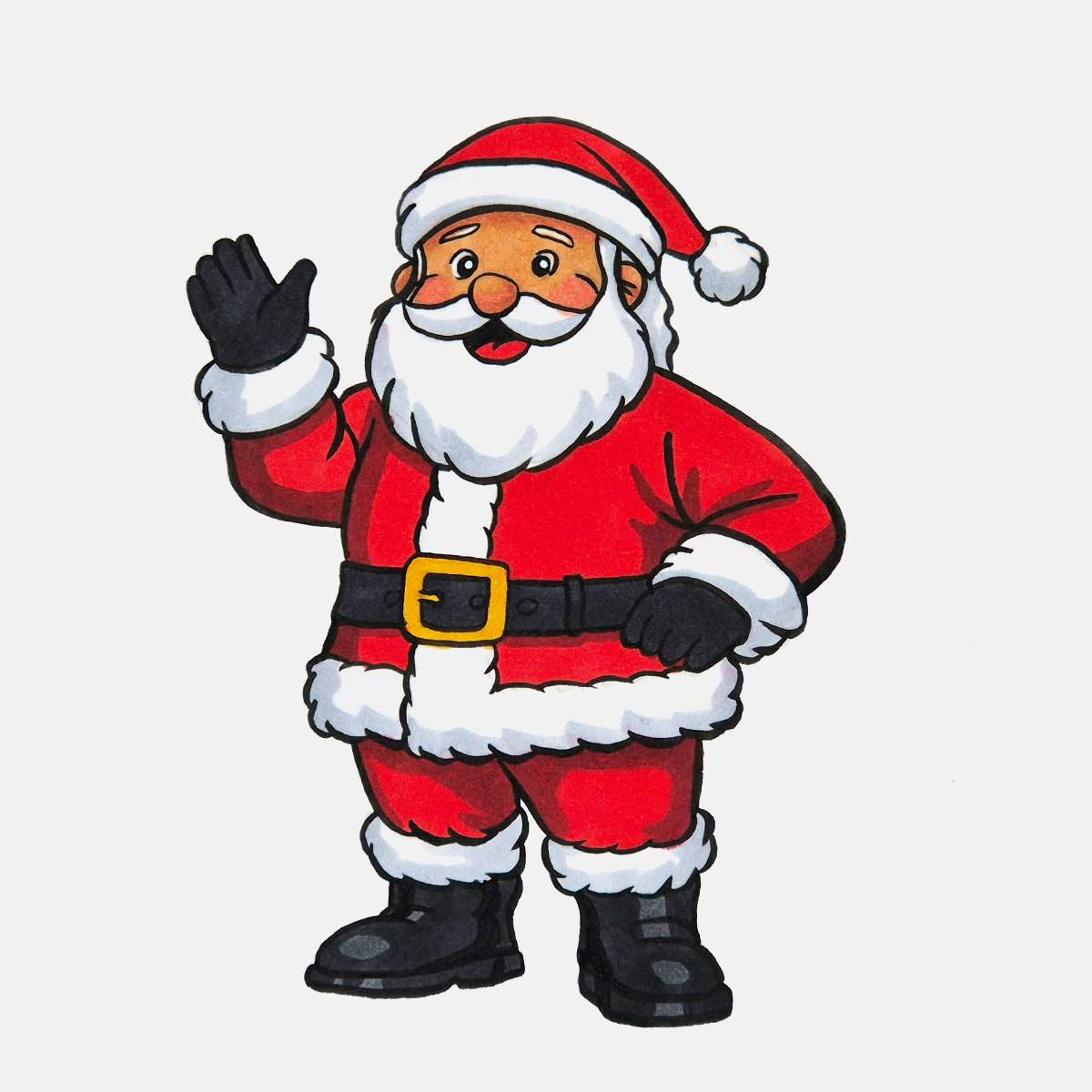 Color the rest of santa's boots and his belt and gloves with a super dark grey.