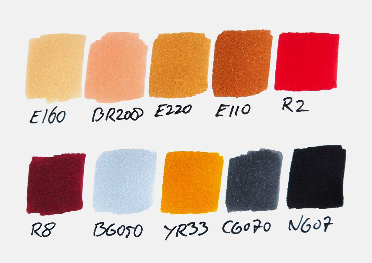 color swatches of the Ohuhu Honolulu markers I used to color in the santa claus drawing.