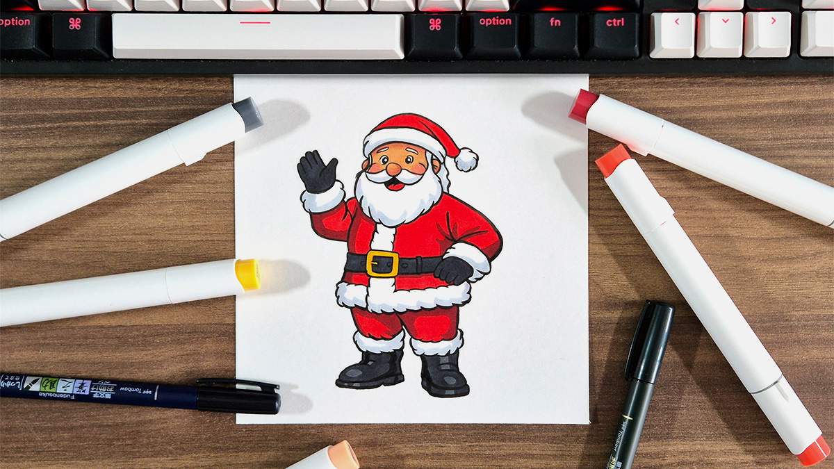 Learn how to draw santa step by step using simple shapes, outlining, and markers for coloring.