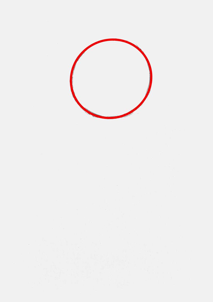 Step 1 of how to draw a gingerbread man: draw a big circle for the head towards the top of your paper.