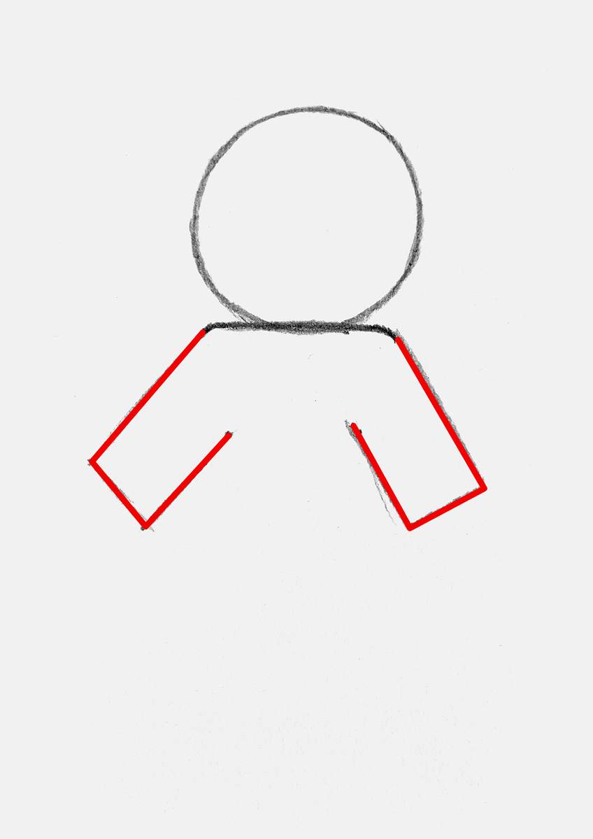 Step 3 of how to draw a gingerbread man: add the basic shapes of the wide gingerbread arms using big rectangles for now.