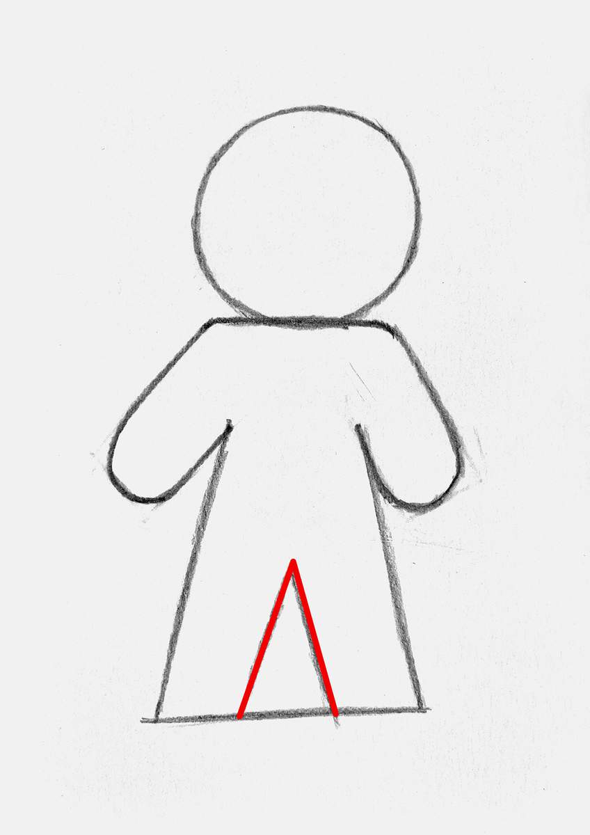 Step 6 of how to draw a gingerbread man: add a triangle between the legs to create the shapes of each legs.