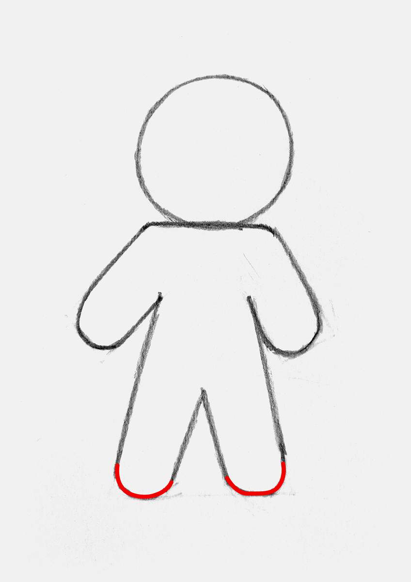 Step 7 of how to draw a gingerbread man: round the ends of the legs or the feet and erase the guiding lines we no longer need.