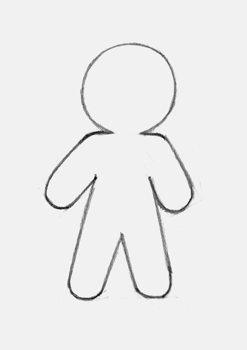 Step 8 of how to draw a gingerbread man: full outline sketch of a gingerbread man with all the guiding lines erased.