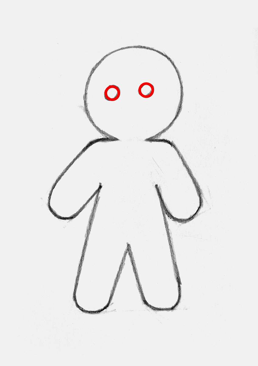 Step 9 of how to draw a gingerbread man: add two small round eyes just above the center of its head.