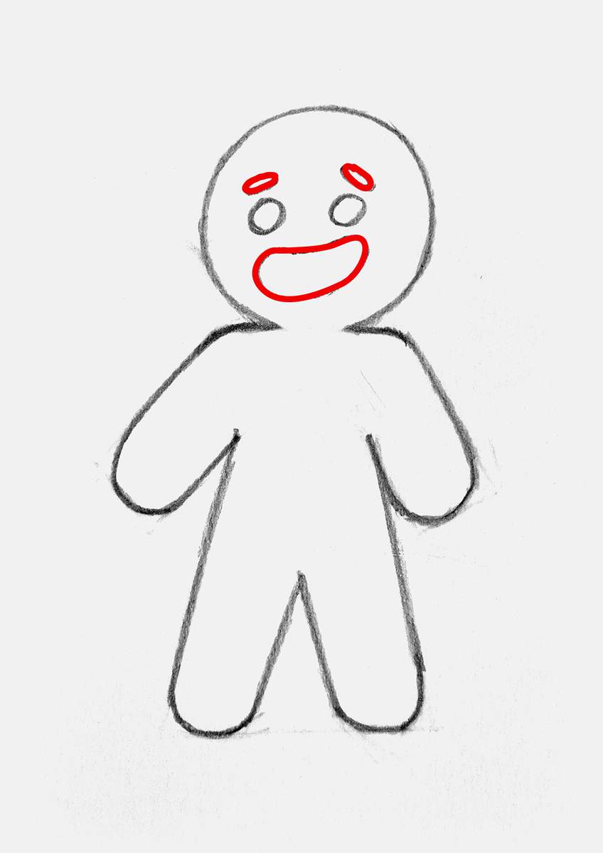 Step 10 of how to draw a gingerbread man: add two wonky pill shaped eyebrows above the eyes and add a bean shaped mouth outline.