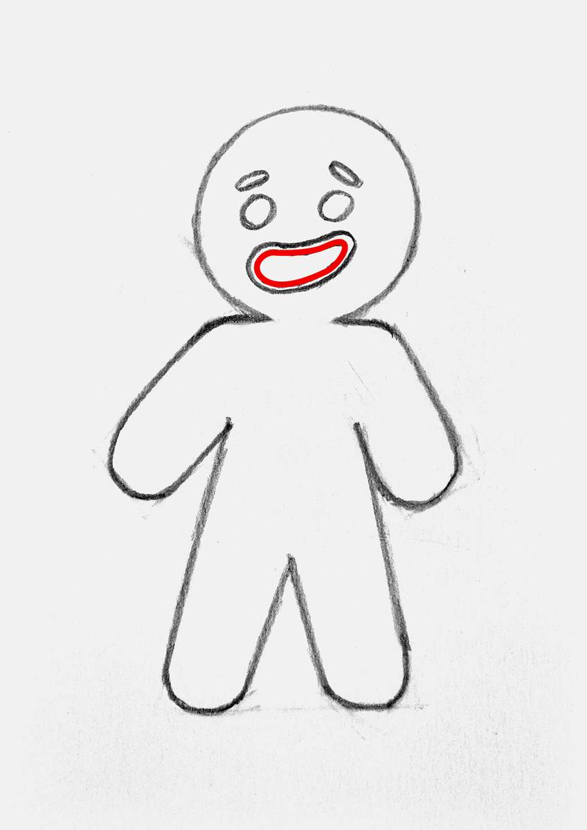 Step 11 of how to draw a gingerbread man: add another outline inside the mouth to form the lips.