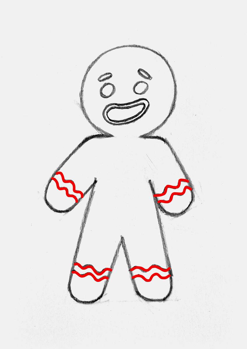 Step 12 of how to draw a gingerbread man: Add wavy icing lines on the arms and legs.
