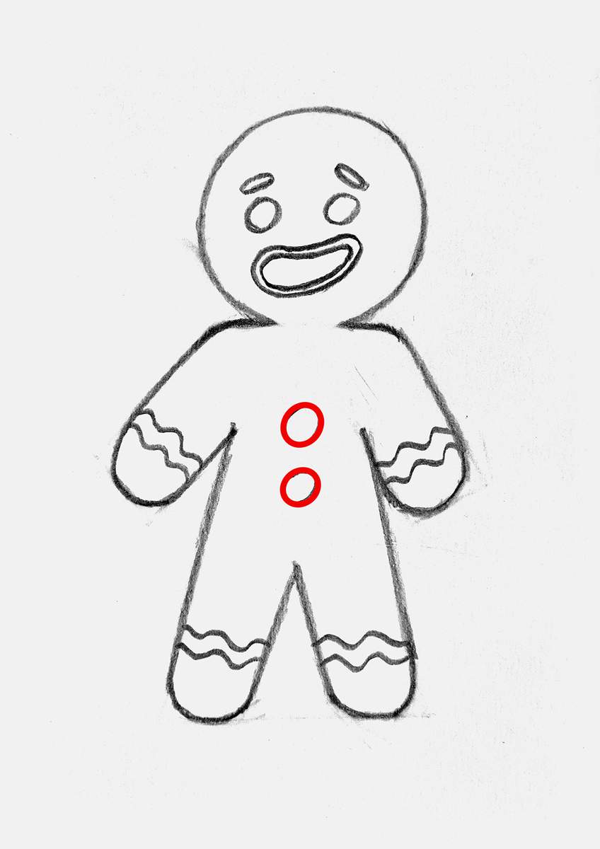 Step 13 of how to draw a gingerbread man: add two round candy buttons on the belly of the gingerbread man.