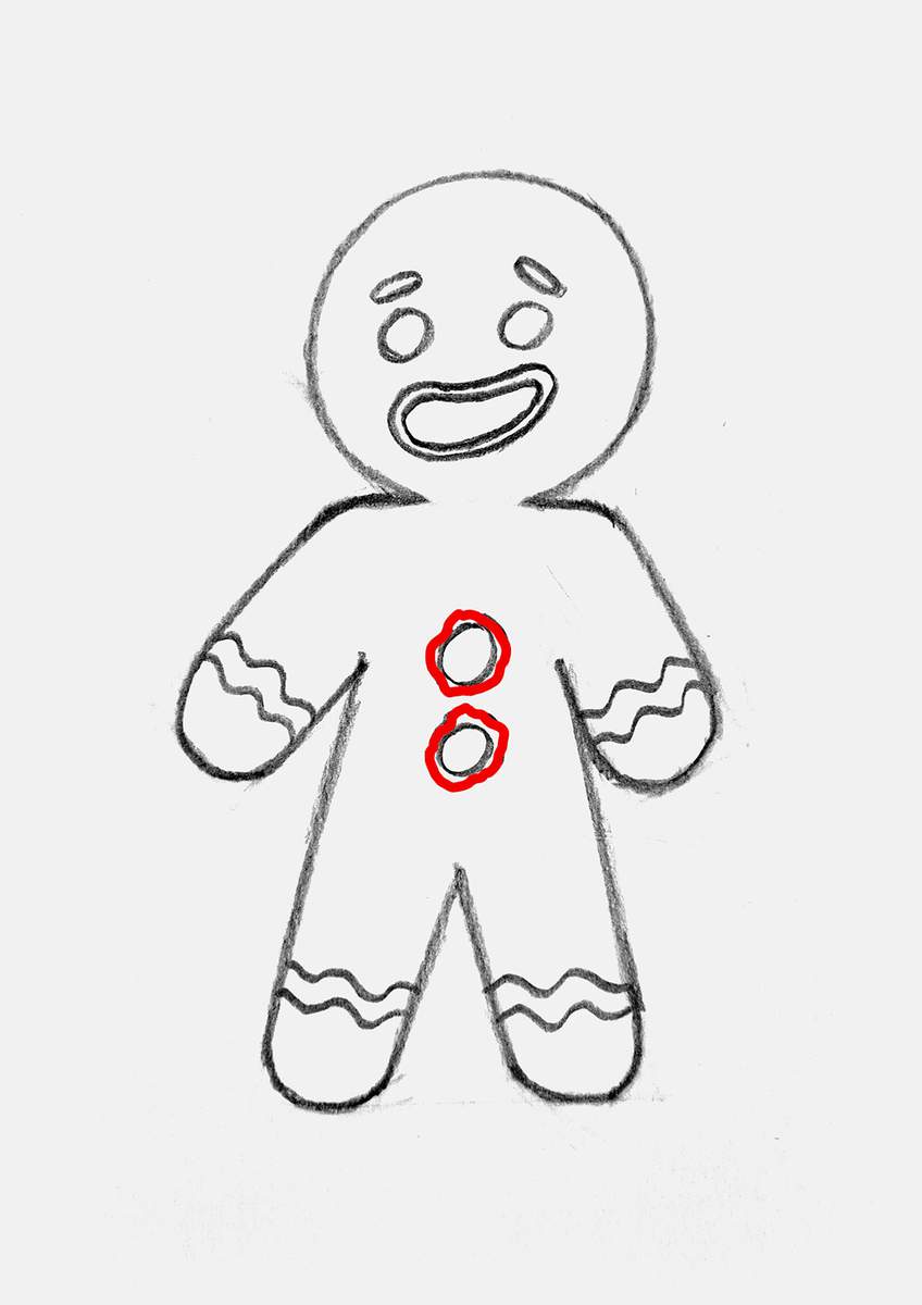 Step 14 of how to draw a gingerbread man: add some icing that's pressed out from underneath the candy buttons.