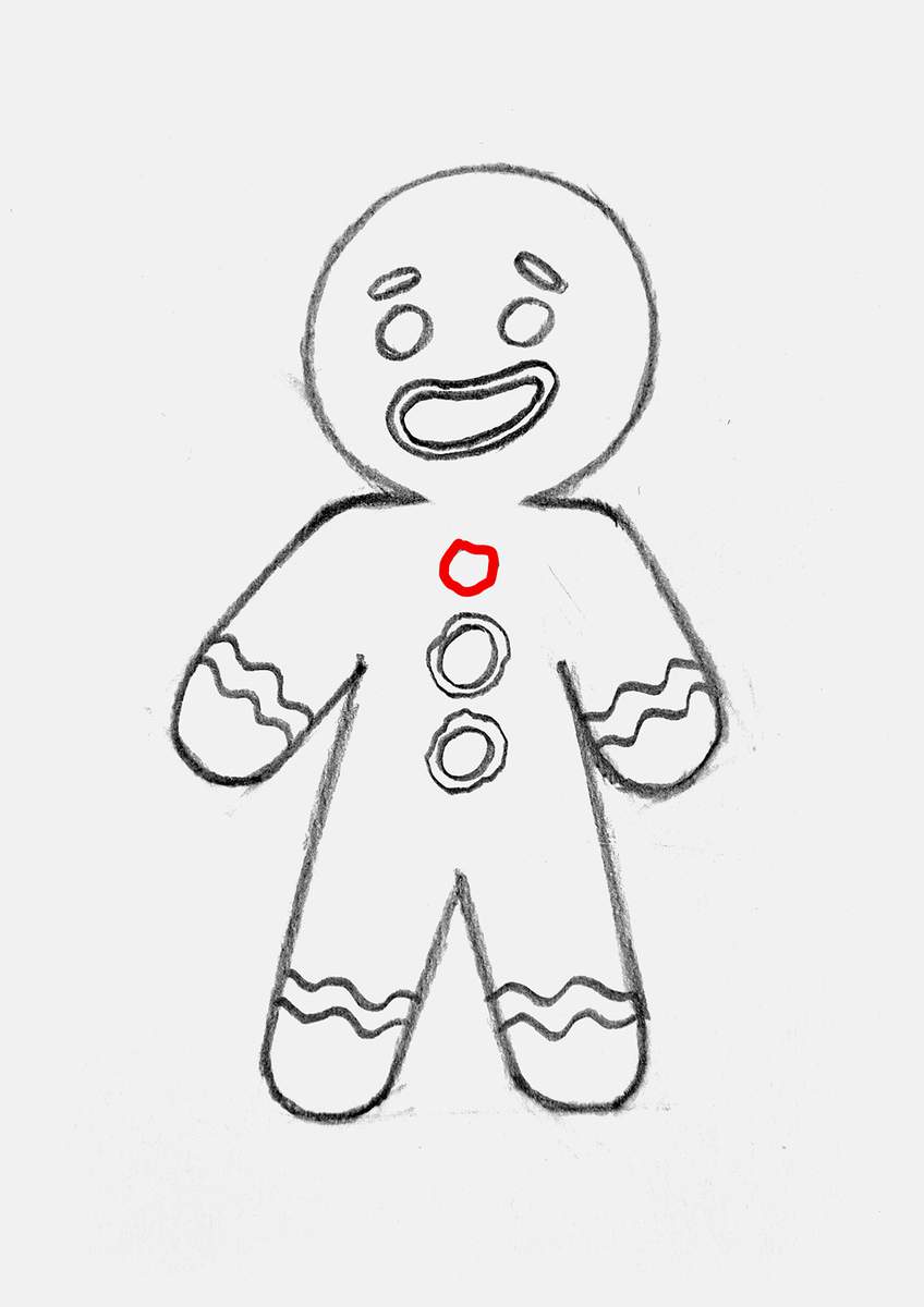Step 15 of how to draw a gingerbread man: add the knot of the bowtie above the buttons.