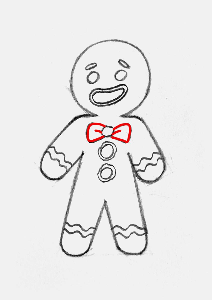 Step 16 of how to draw a gingerbread man: add the bows on either end o the knot and add a little fold in them.