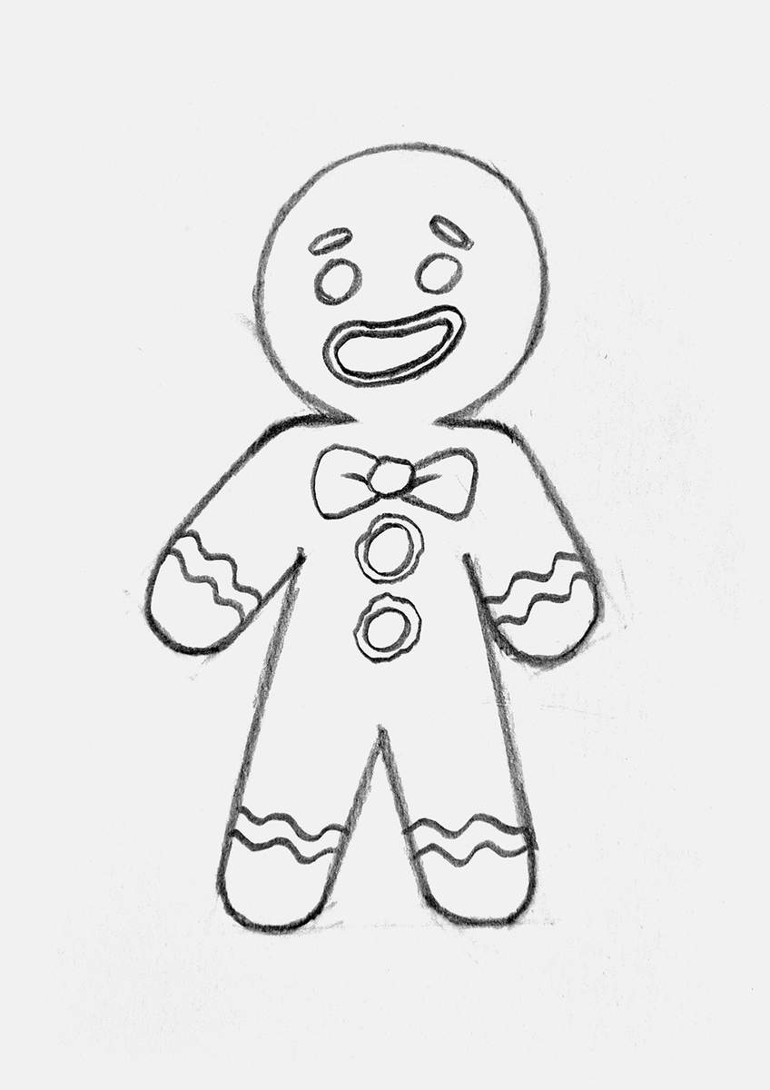 Step 17 of how to draw a gingerbread man: finished gingerbread man sketch