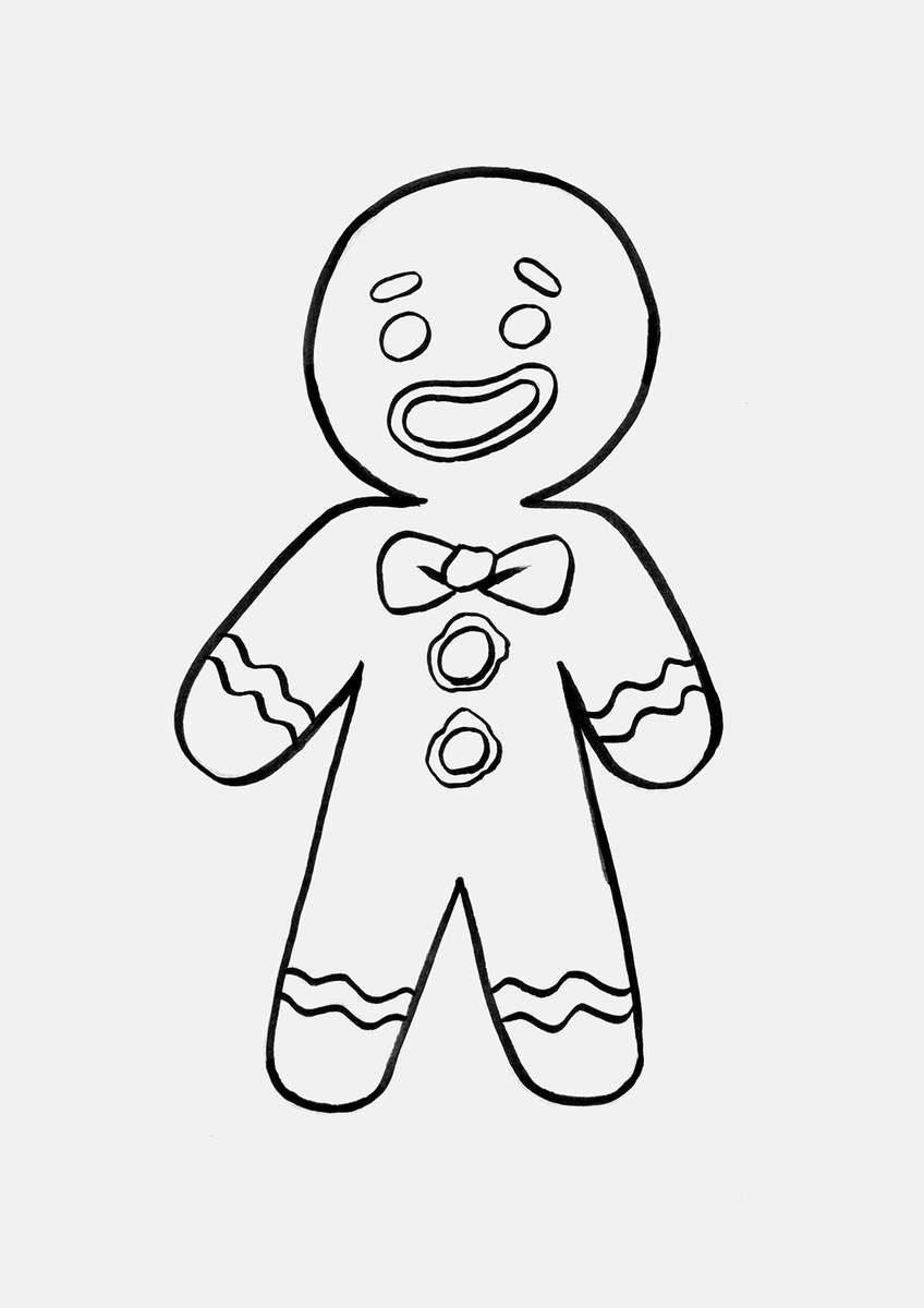 Step 18 of how to draw a gingerbread man: outline the whole sketch with a fineliner or brush pen.
