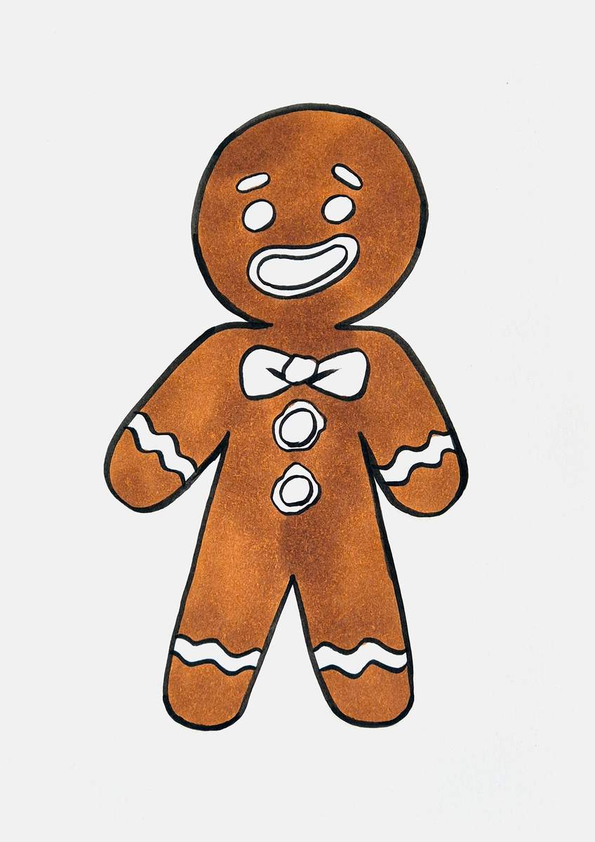 Step 19 of how to draw a gingerbread man: color the gingerbread with a golden brown marker.