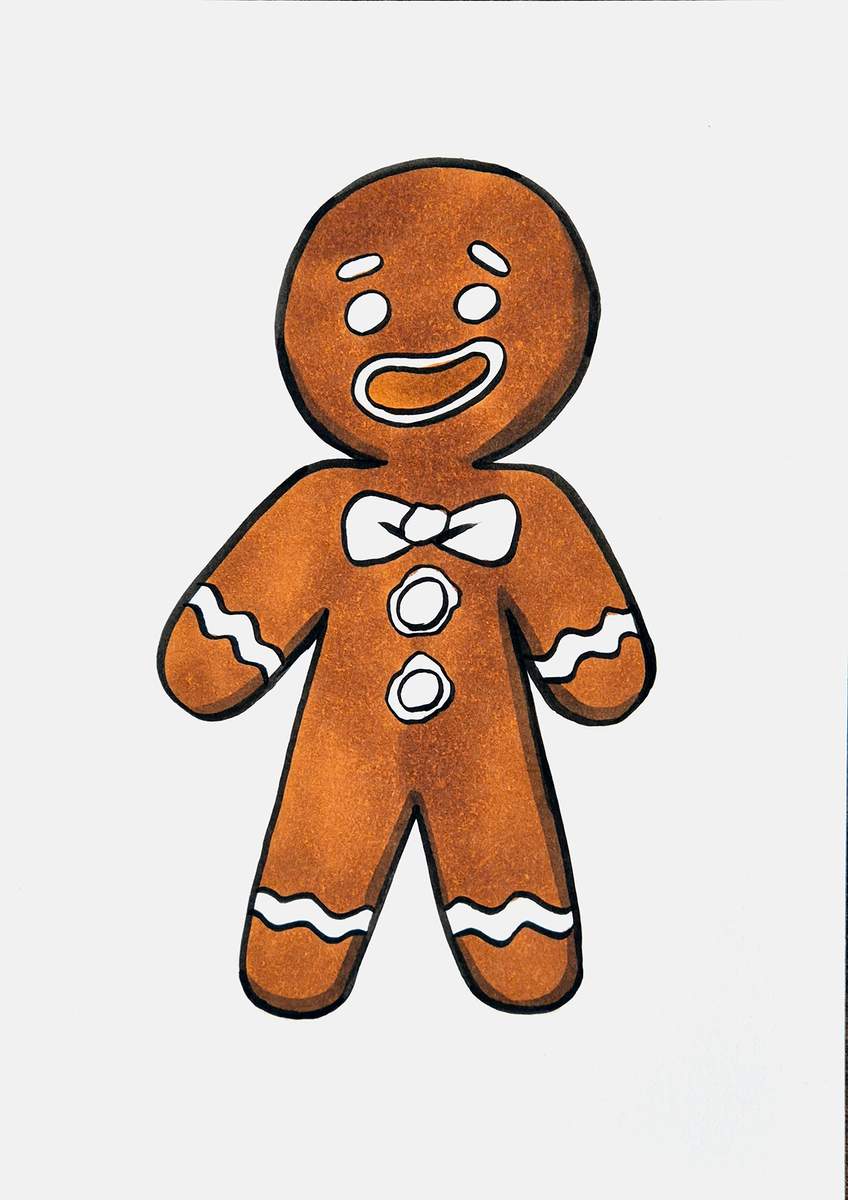 Step 20 of how to draw a gingerbread man: add some darker brown shading on the bottom right edges of the gingerbread man.