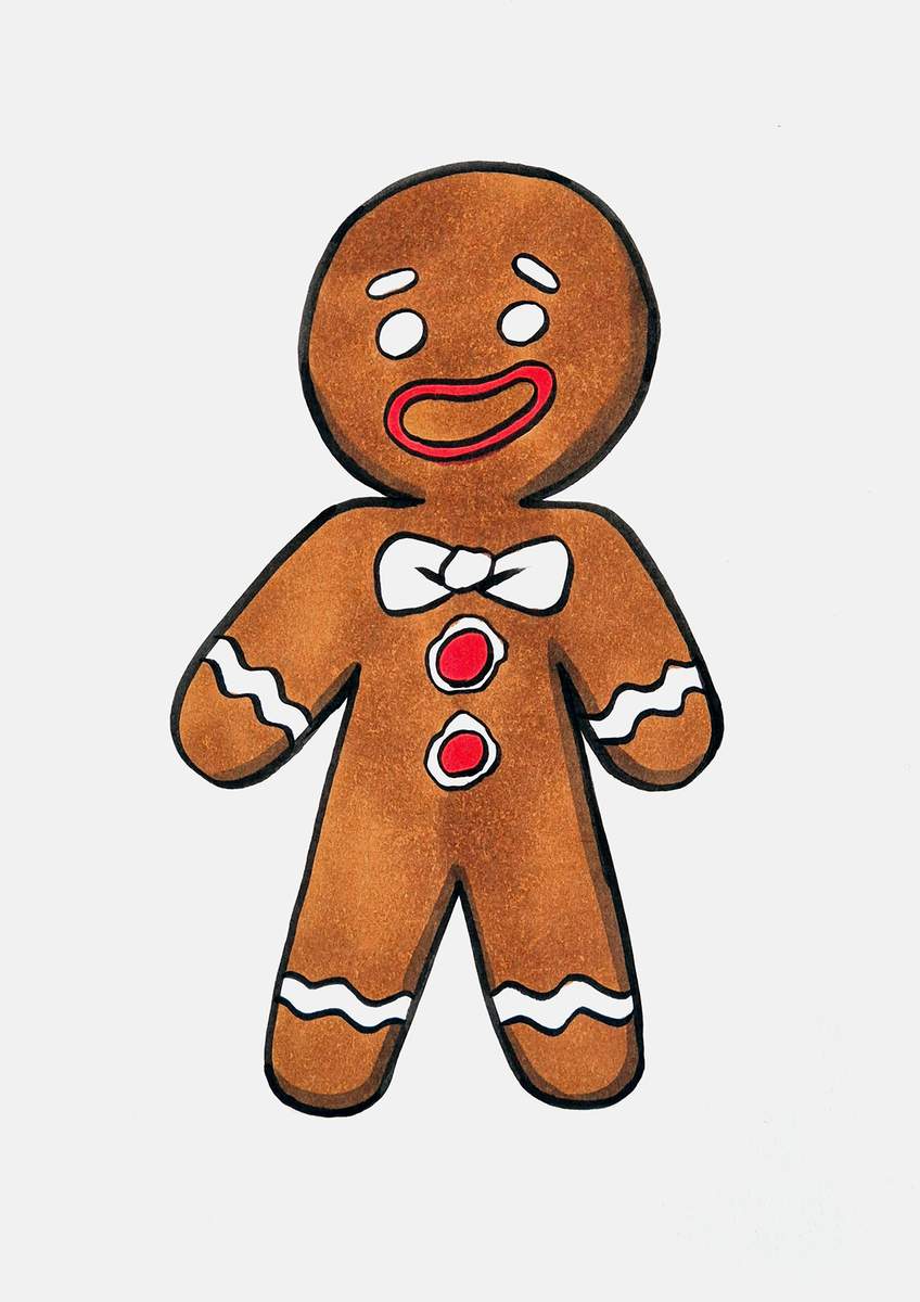 Step 21 of how to draw a gingerbread man: color the mouth and the red candy button with a red marker.