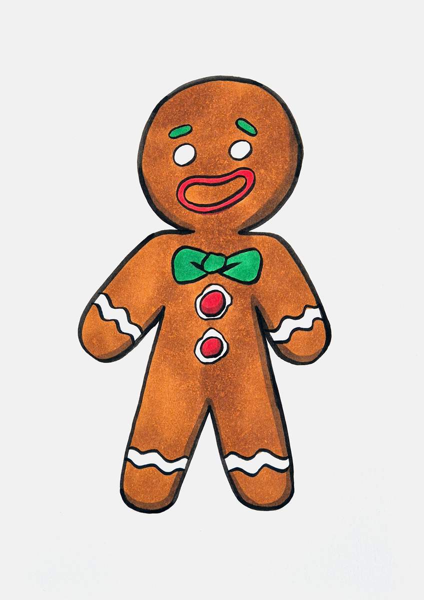 Step 23 of how to draw a gingerbread man: color the bowtie and the eyebrows with a green marker.