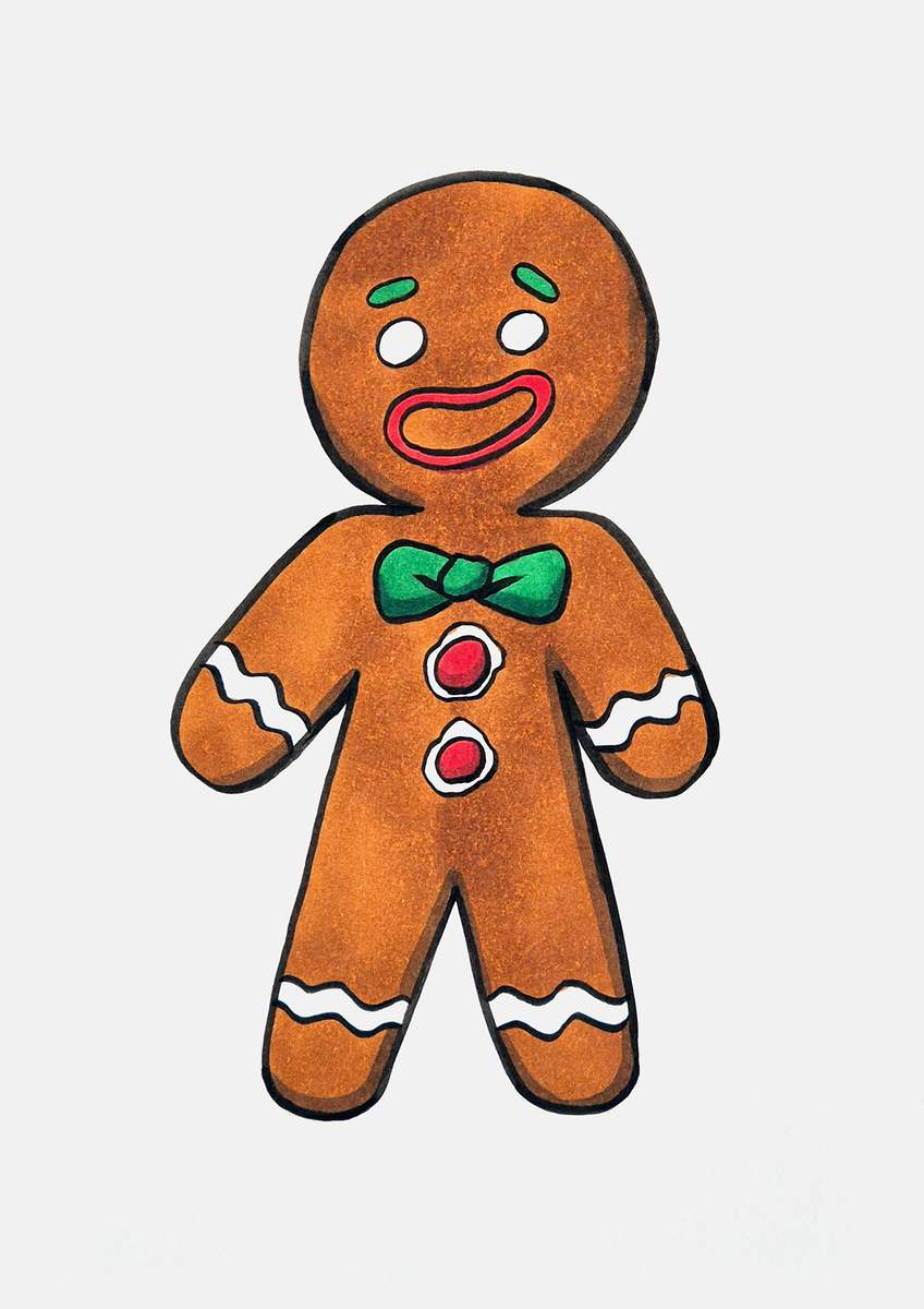 Step 24 of how to draw a gingerbread man: use a darker green marker to add shading to the bottom right of the bowtie.