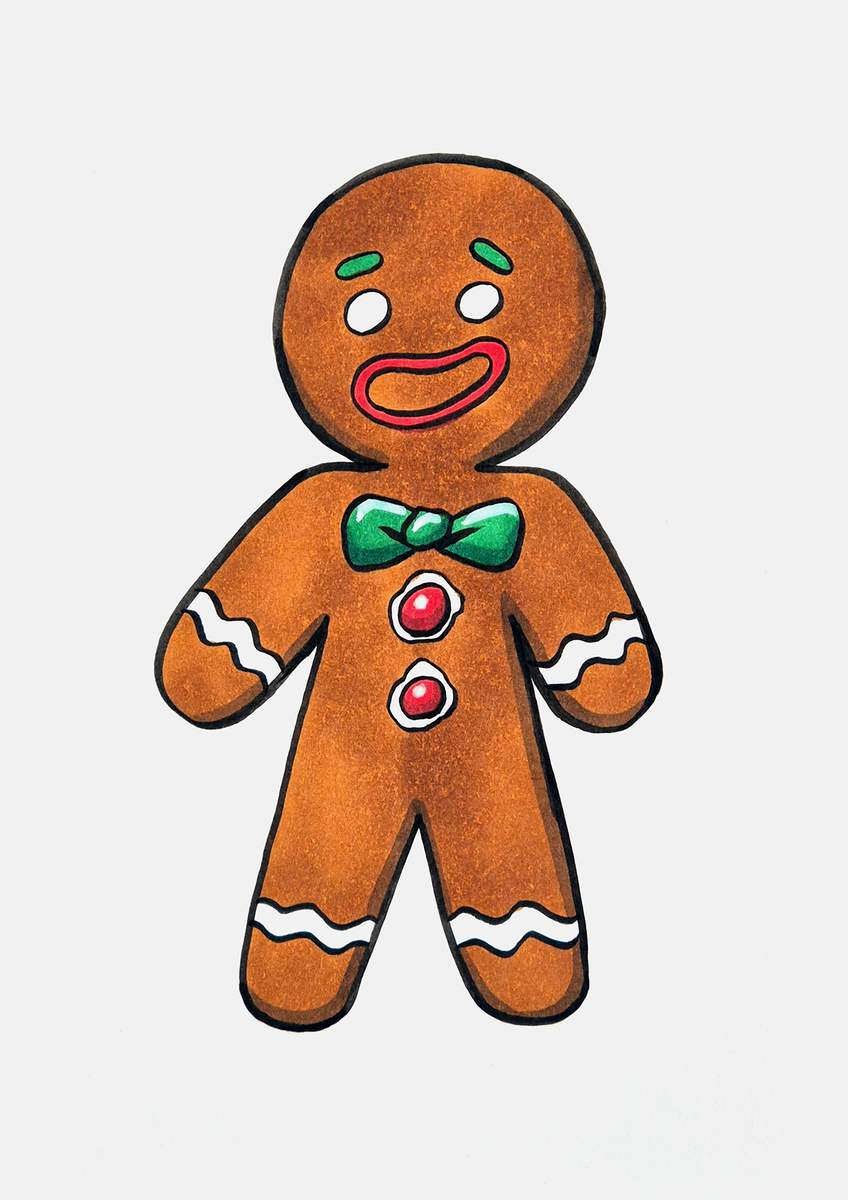 Step 25 of how to draw a gingerbread man: use a white paint marker to add highlights on the red candy buttons and the green bowtie.