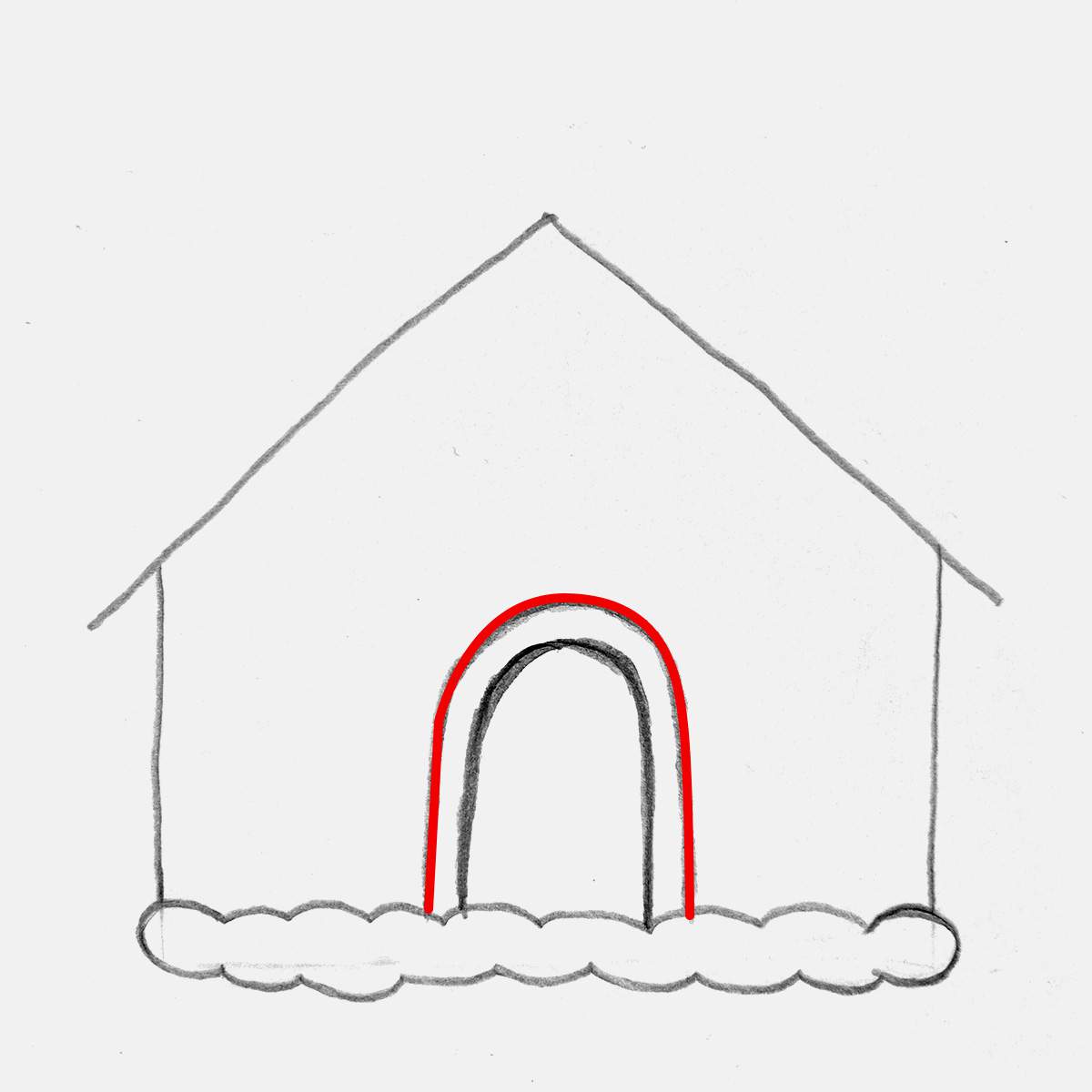 Step 5 of how to draw a gingerbread house: Add the outline for the candy canes surrounding the door