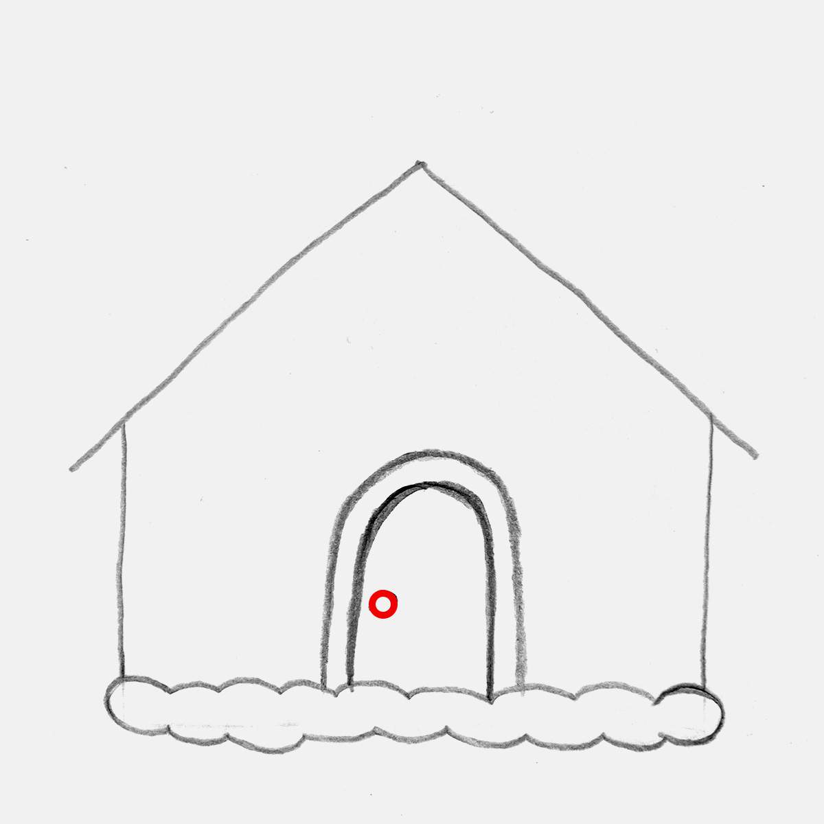 Step 6 of how to draw a gingerbread house: Add a round peppermint doorknob