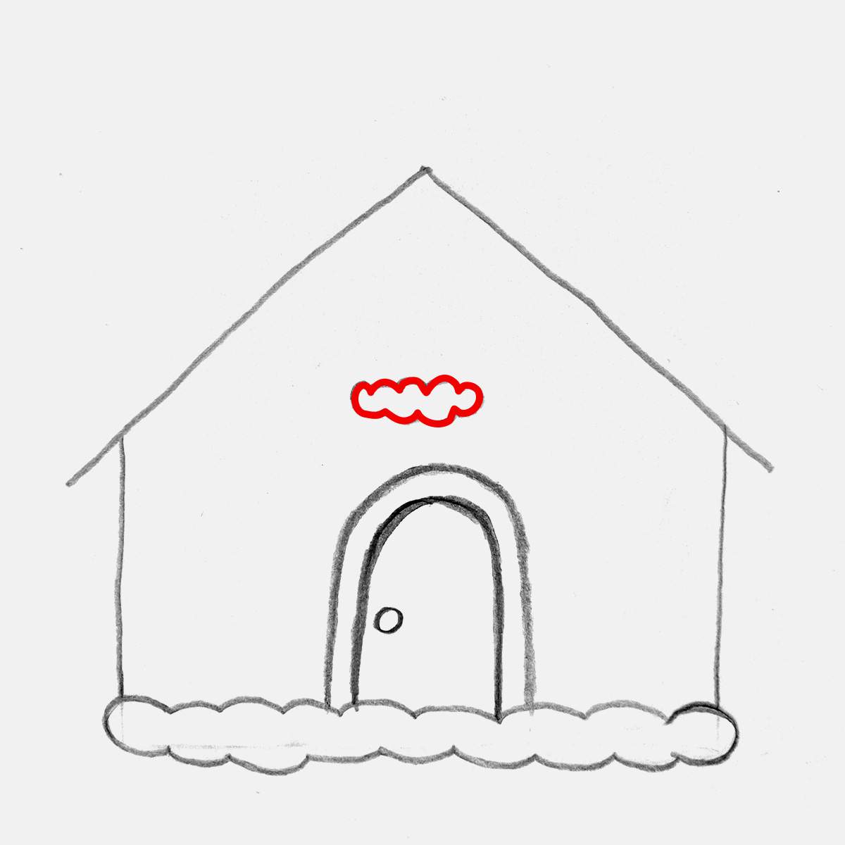 Step 7 of how to draw a gingerbread house: Sketch a snow-covered window sill above the door
