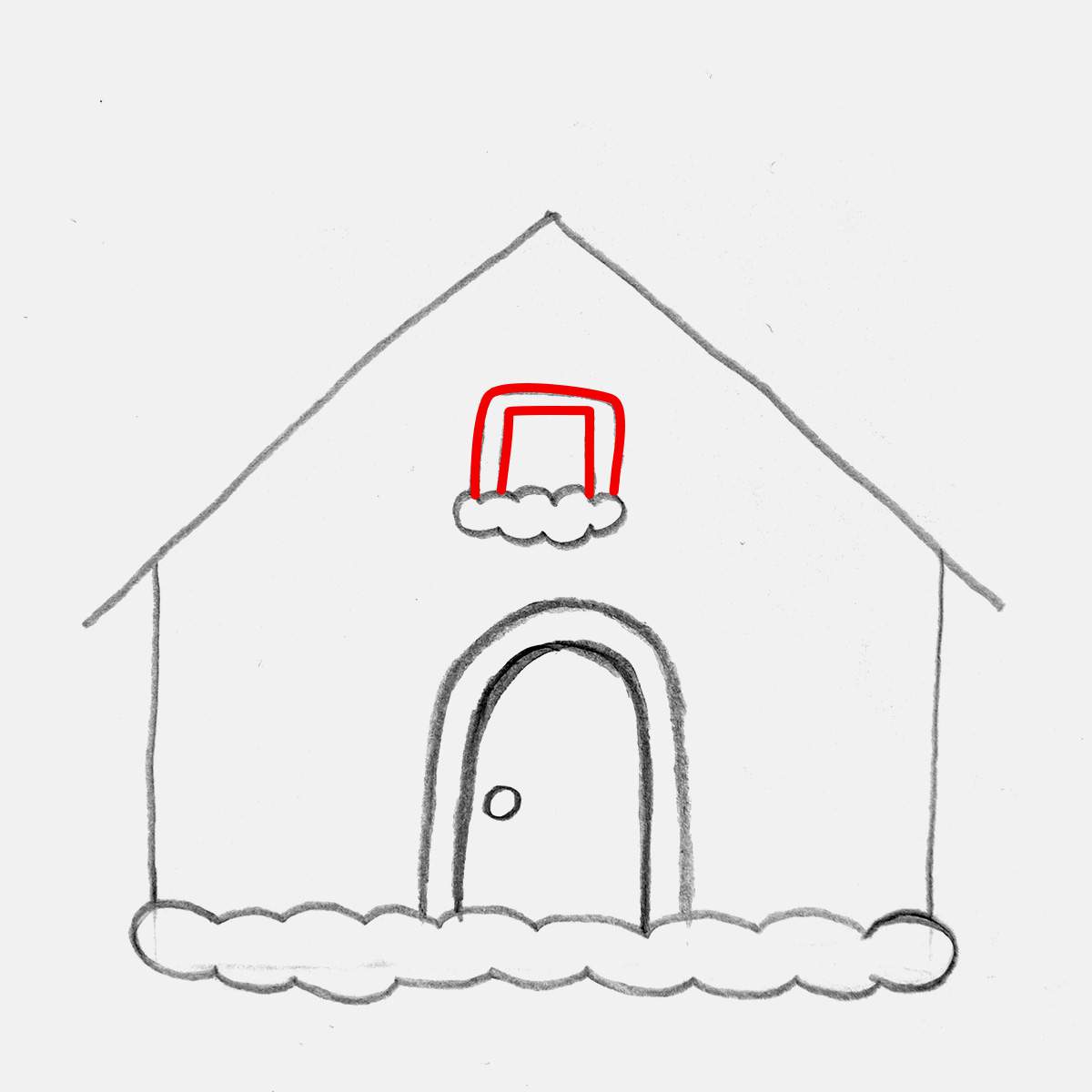 Step 8 of how to draw a gingerbread house: Add the window frame above the sill