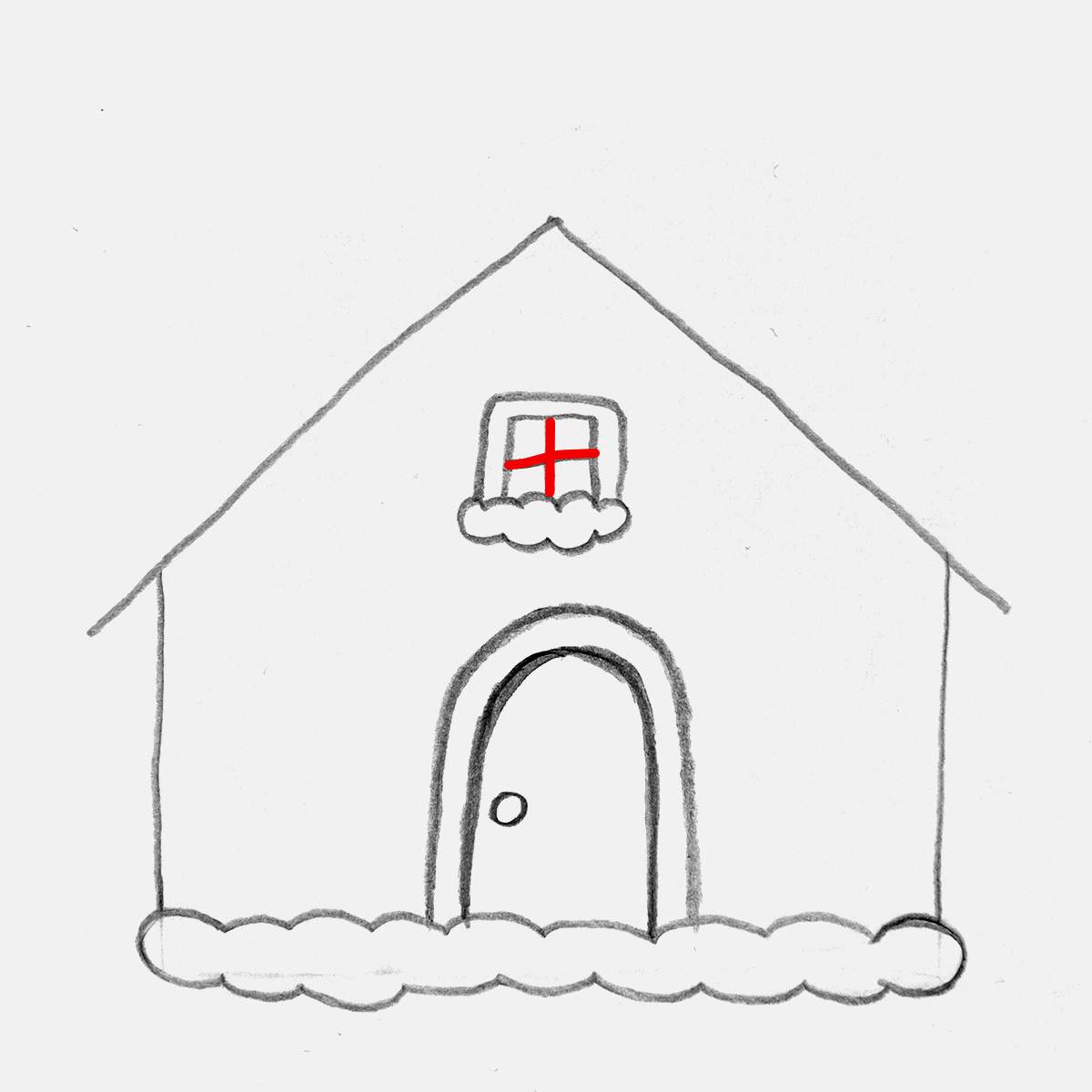 Step 9 of how to draw a gingerbread house: Add the window panes by sketching a cross shape