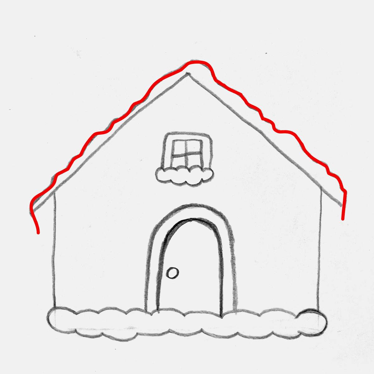 Step 10 of how to draw a gingerbread house: Add the top layer of the icing drips roof