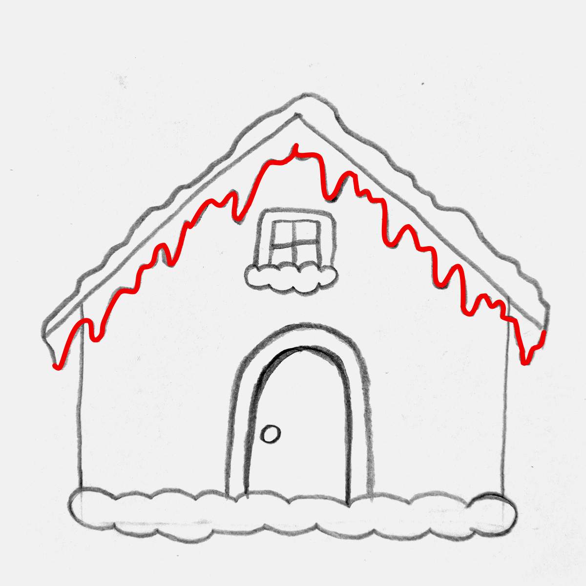 Step 11 of how to draw a gingerbread house: Add the icing drips on the bottom edge of the roof