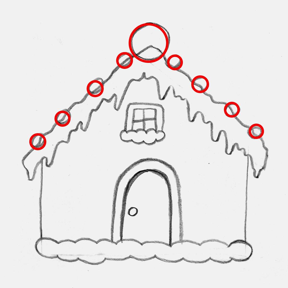 Step 12 of how to draw a gingerbread house: add 8 round gumdrops and a bigger round peppermint candy on top of the roof