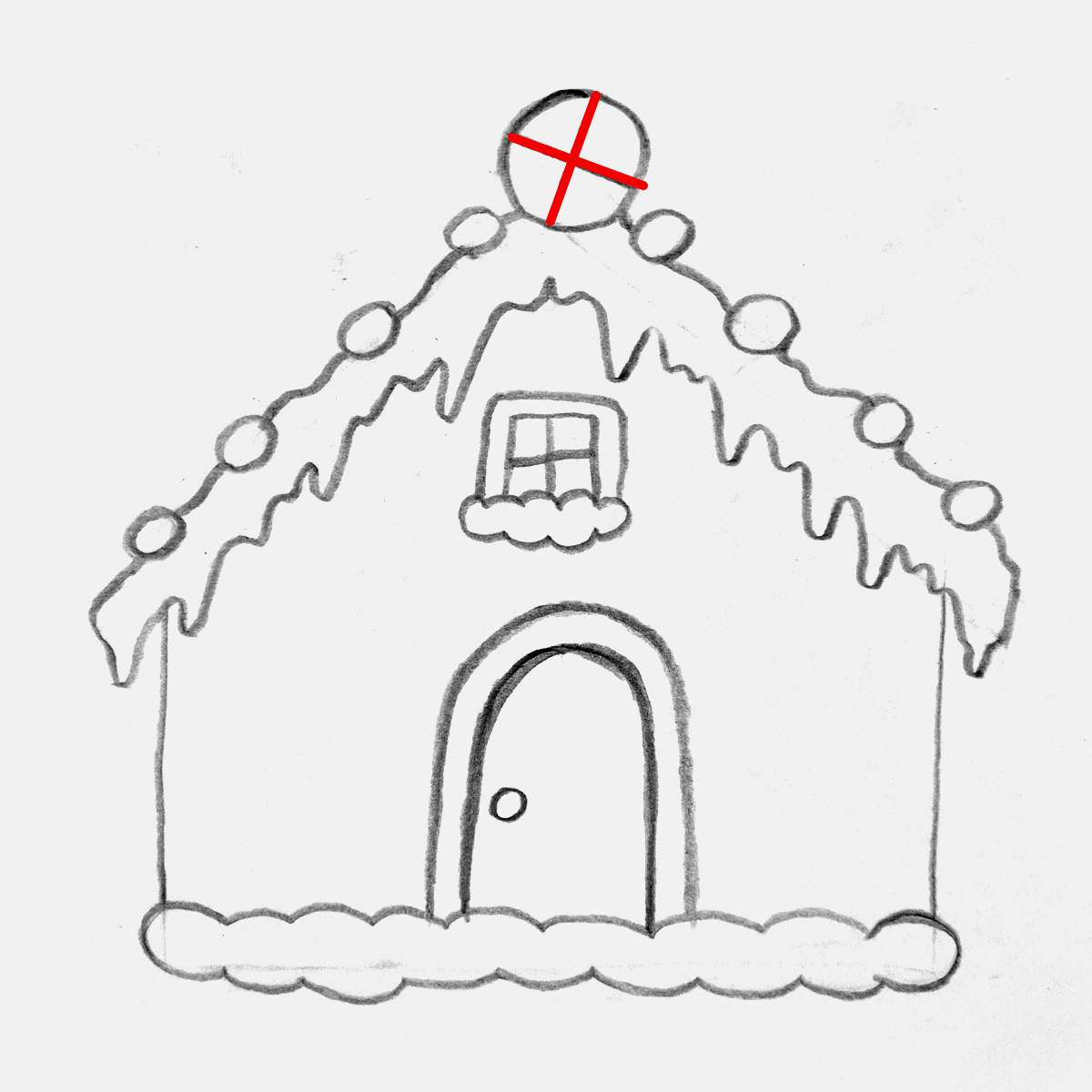 Step 13 of how to draw a gingerbread house: divide the peppermint candy into 4 sections