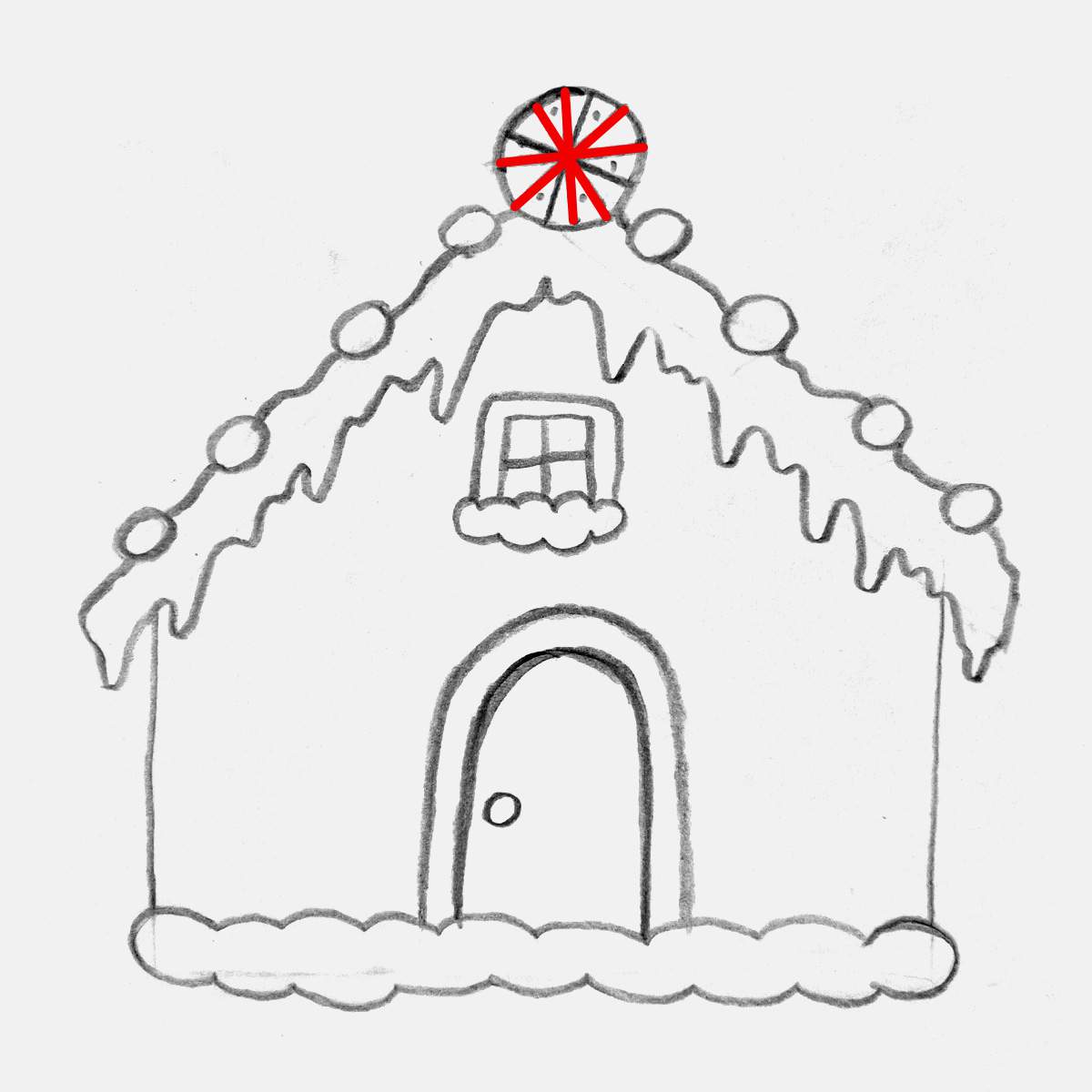 Step 14 of how to draw a gingerbread house: Divide the peppermint candy into 12 sections